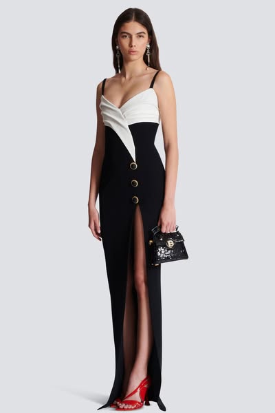 Contrast Color Button High Split Maxi Dress