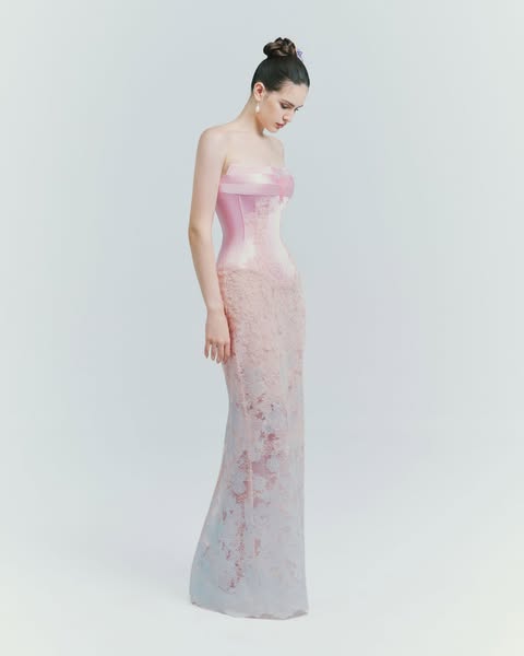 Strapless Corset Gown with Hand-Cut Lace Appliqué