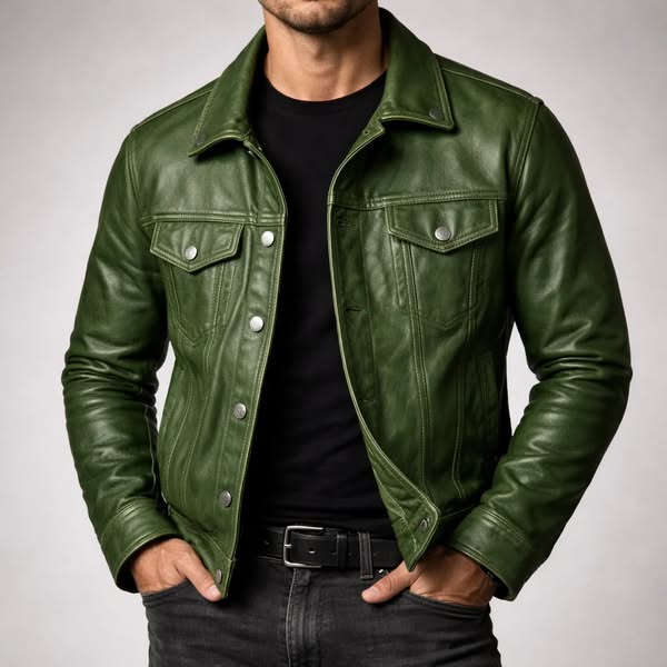 65% OFF | Men’s Patina‑Finish Leather Trucker Jacket
