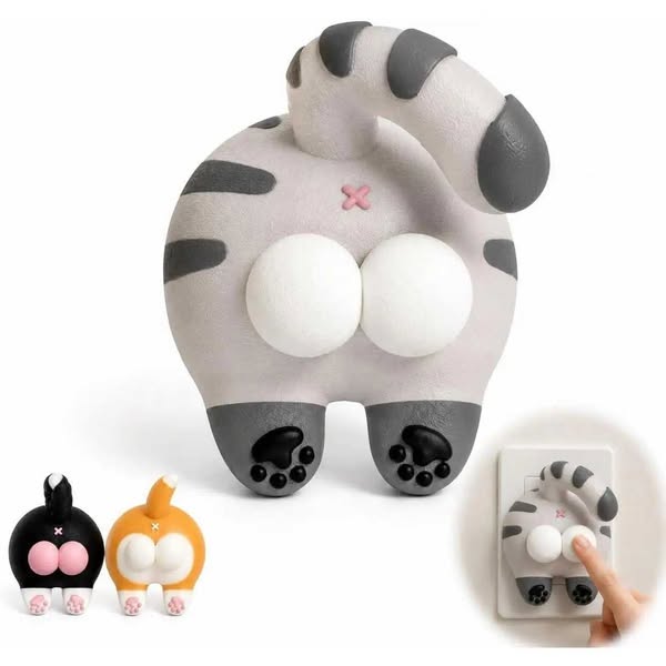 Funny Cat Butt Light Switch Cover, 3D Double Rocker Decor Wall Plate - Gray Tabby