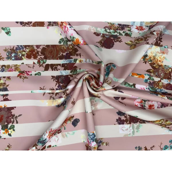 Dusty Pink Floral Stripe Scuba Fabric – Premium Stretch Knit