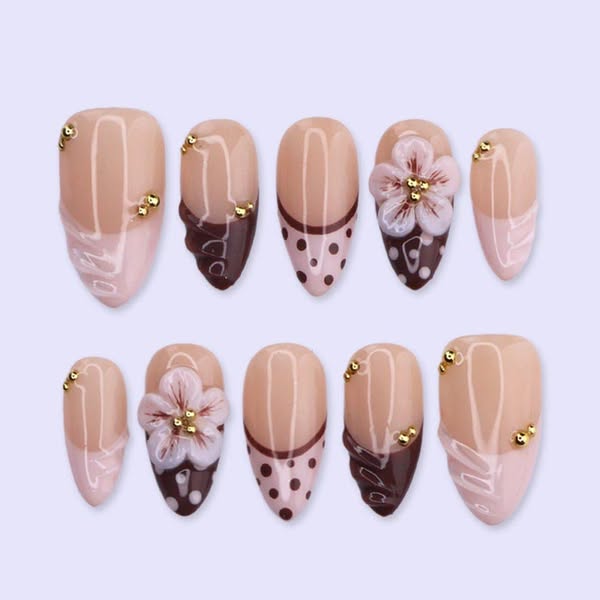 Chocolate Brown 3D Floral Polka Dot Almond Press On Nails