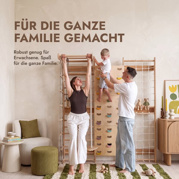 7-in-1 Kletterwand fürs Kinderzimmer mit Sprossenwand, Kletternetz, Klimmzugstange & (3in1) Kinderschaukel-Set
