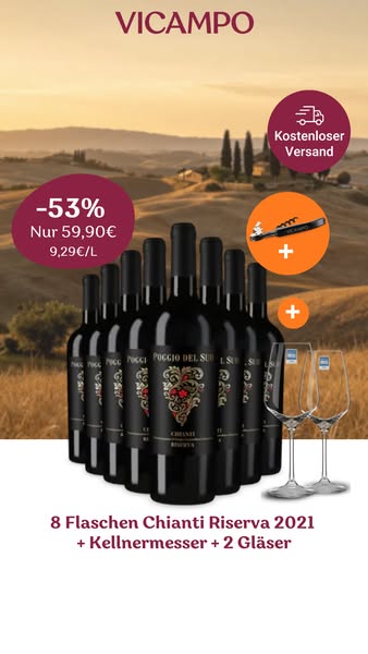 Chianti-Paket: 8 Flaschen Chianti Riserva Paket mit 2 Schott-Zwiesel Gläsern + Kellnermesser