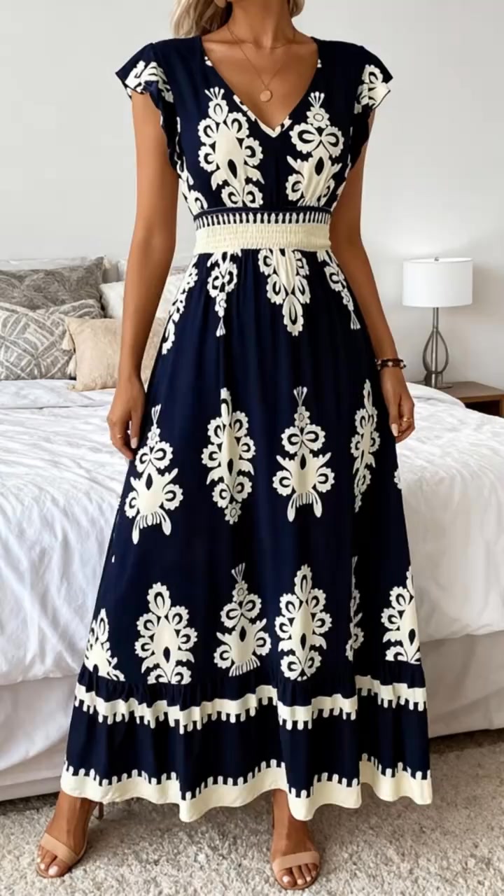 V-Ausschnitt Barock Maxi Kleid