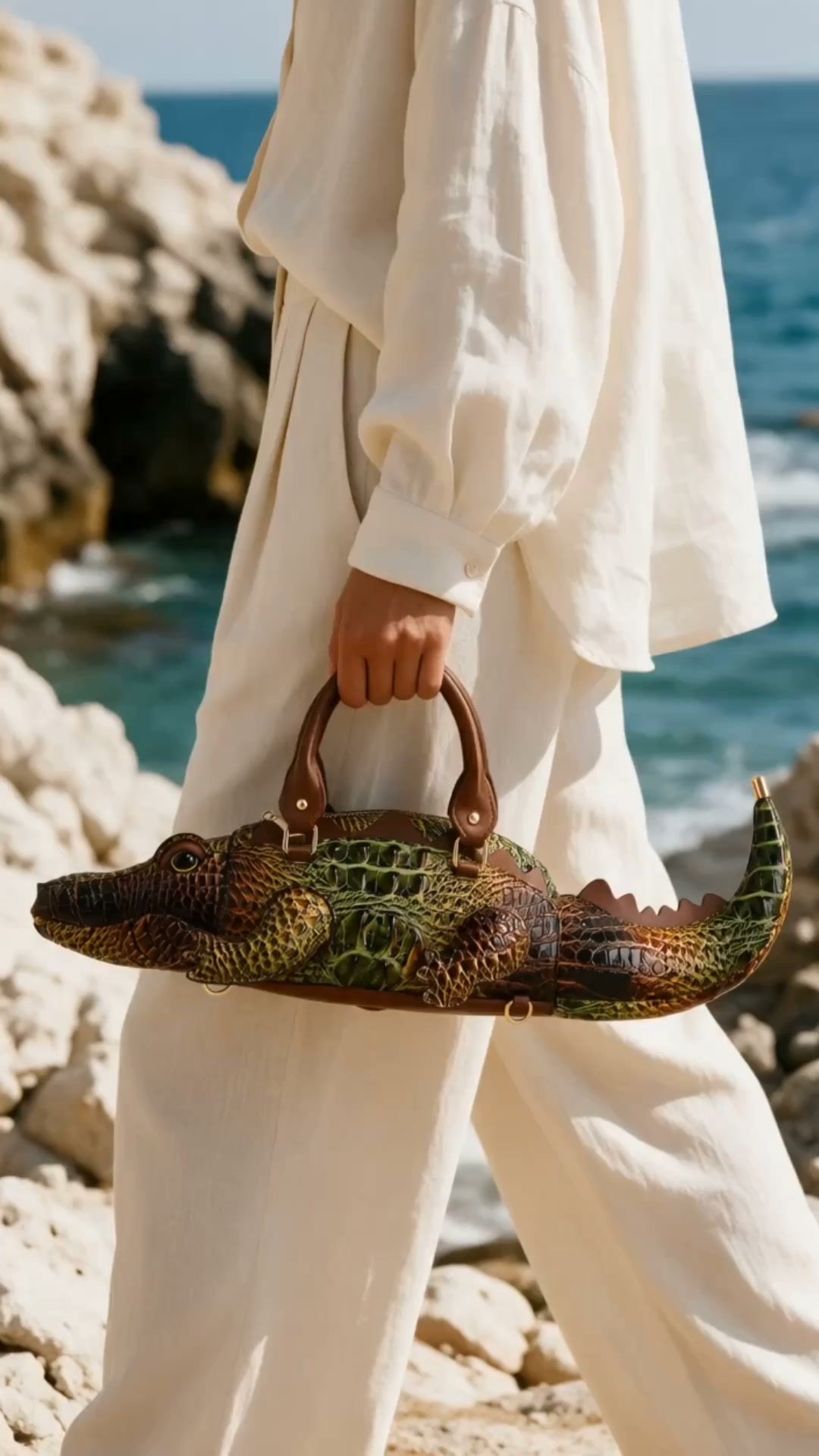 A Crocodile Handbag, Sculpted in Gold Detail