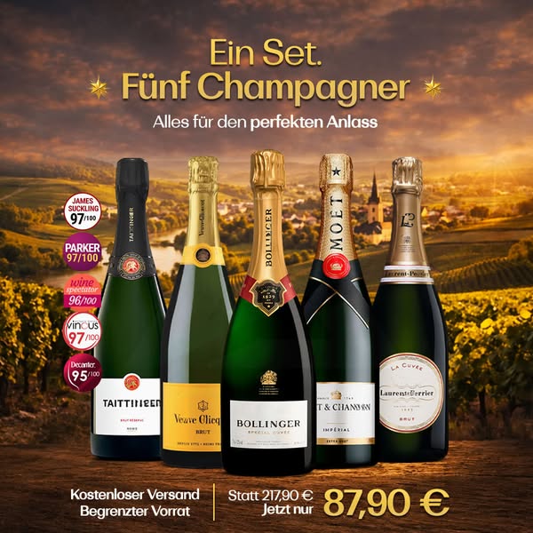 Veuve Clicquot Brut, Moët Impérial, Bollinger Special Cuvée, Mumm Cordon Rouge & Ruinart Brut