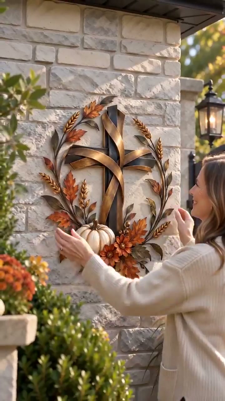 Autumn Cross & Pumpkin Harvest Metal Wall Decor
