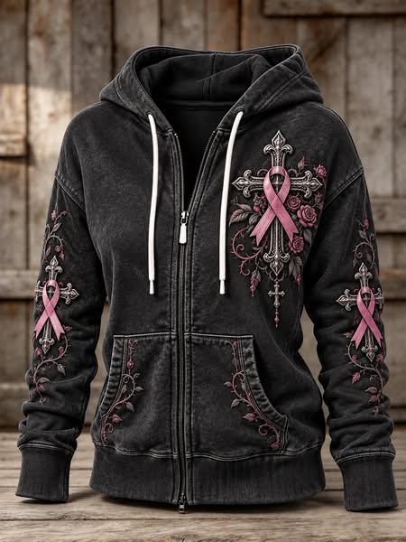 Veste noire zippée au ruban rose et détails floraux