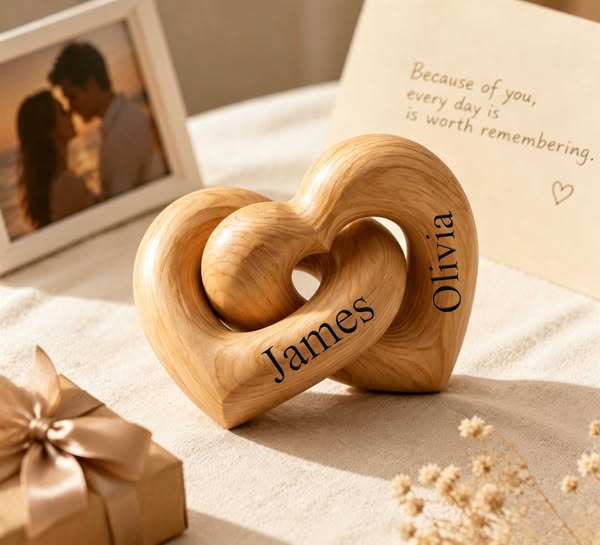 Interlocking Wooden Hearts Ornament, Engraved Couple Names