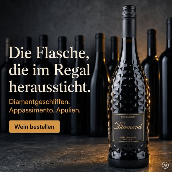 Diamantgeschliffene Flasche. 6,60 € der Wein