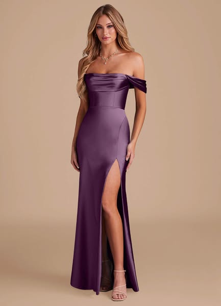 Vestidos de Damas de Honor Azazie Saige Satén Metálico Ciruela Vestido Invitada Boda Tamaño EU