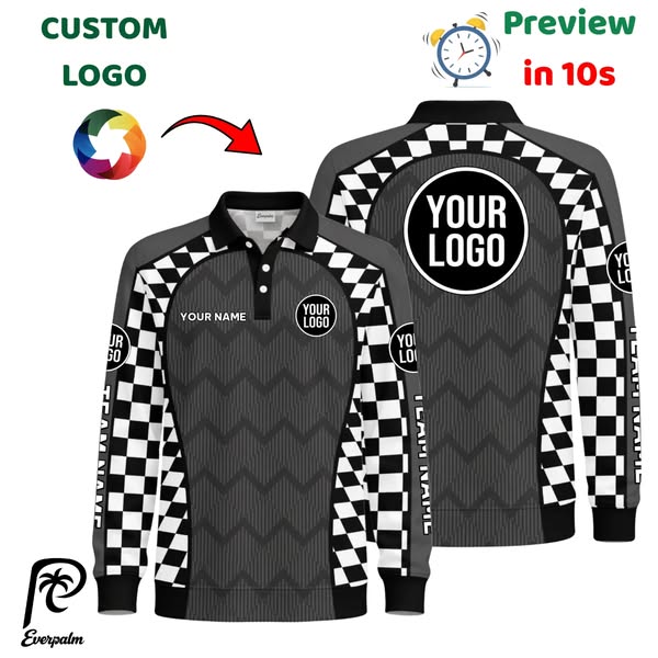 Custom Geometric Zigzag Textured Checkered Side Panel Long Sleeve Polo