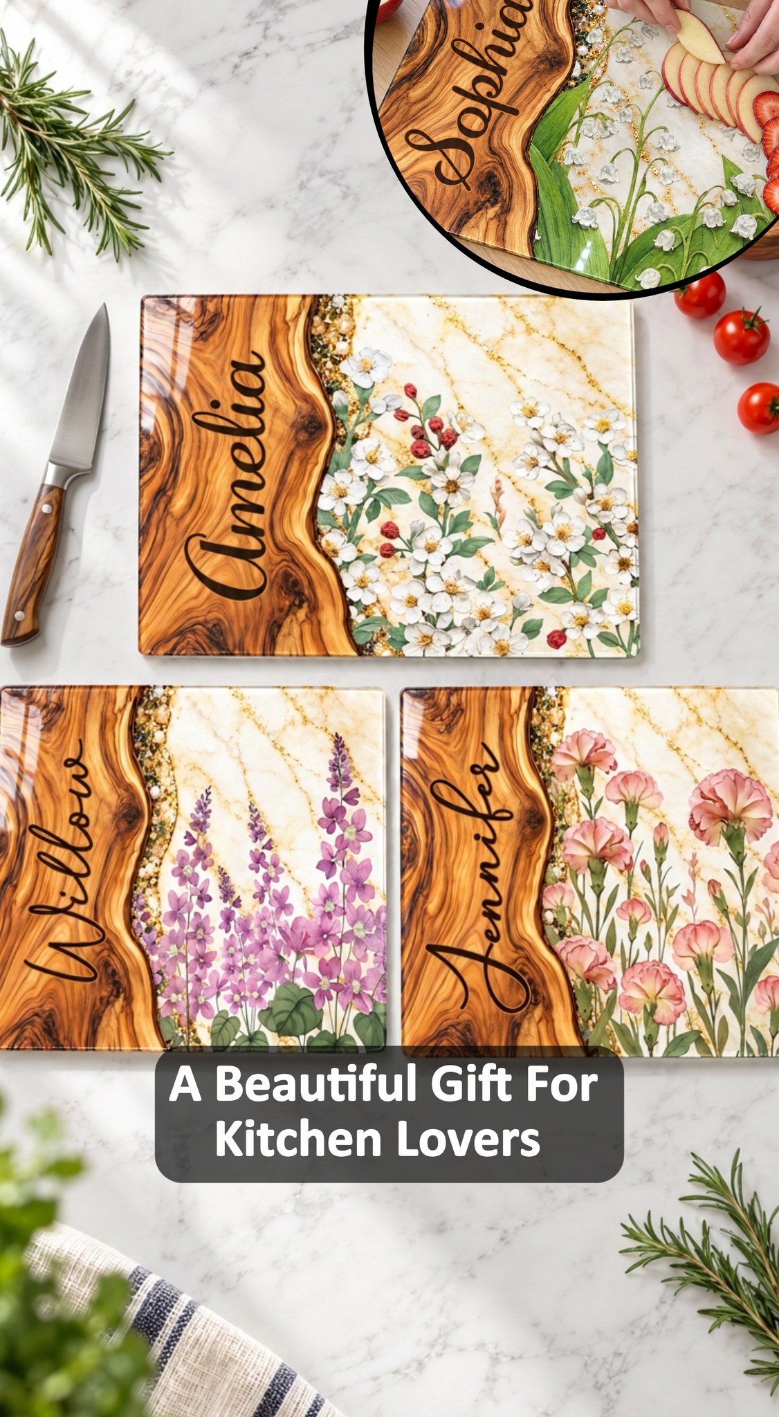 Brighten her kitchen with a beautiful floral cutting board that adds a personal touch to every meal