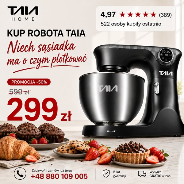 KUCHENNY HIT ZA 299 ZŁ TAIA FLUO robot planetarny 2000W podgrzewana misa 4,5 L dotykowy LED i 10w1