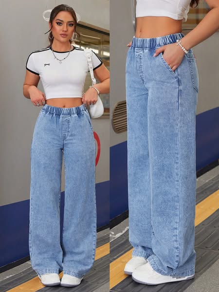 SHEIN Plus Size Light Wash Loose Wide Leg Jeans Curvy High Waisted Women's Denim Straight Leg Mid Waist Royal Country Concert