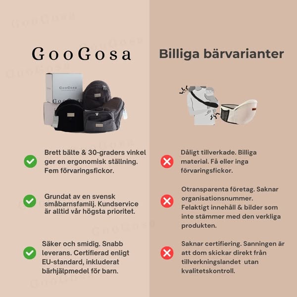 "Mycket nöjd dotter. Så bra att kunna lyfta upp och ned utan krångliga bälten. Toppen!!"- Anna