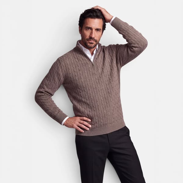 Cashmere Blend Cable Half Zip - Taupe