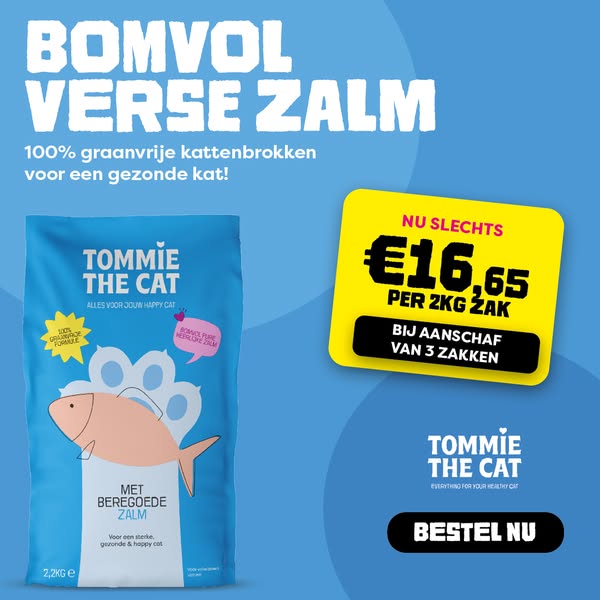 100% graanvrije kattenbrokken met verse zalm voor €16,65 per 2kg bij 3 zakken
