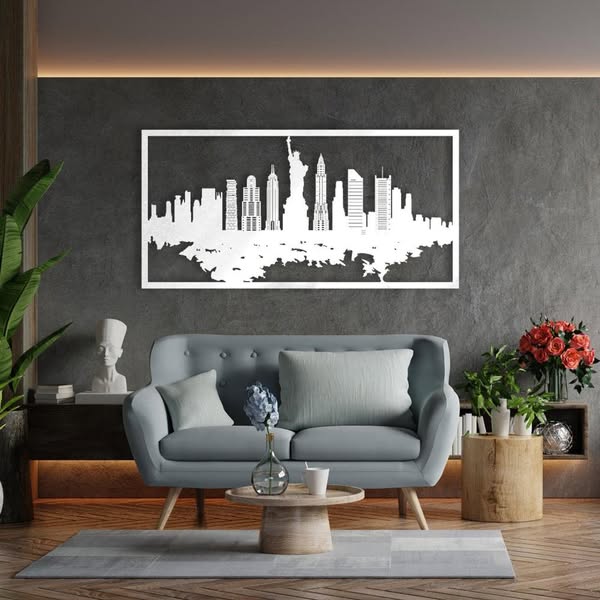 US Silhouette Cityscape Metal Wall Art – Galvanized Steel Cityscape, Indoor/Outdoor