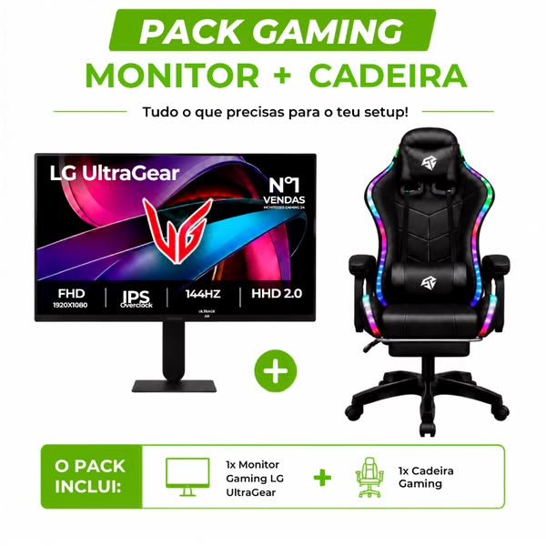 Pack Gaming: LG 27G411A-B Monitor 27" FHD IPS 144Hz 1ms Slim + Cadeira PowerGaming LED RGB Preta com Apoio para os Pés