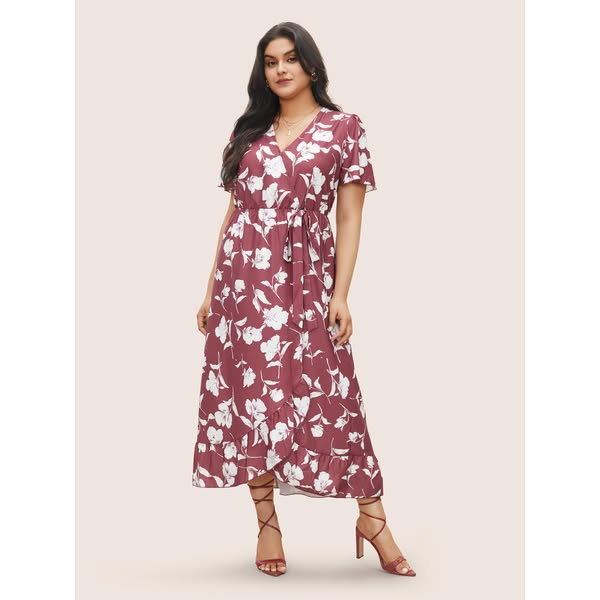 $35.90 |Floral Ruffle Knot Side Wrap Dress