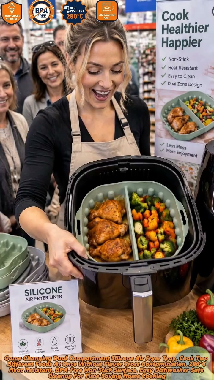 BUY 1 GET 1 FREE | Divided Reusable Silicone Air‑Fryer Liner, Dual‑Zone For 2‑Food Cooking, Dishwasher‑Safe
