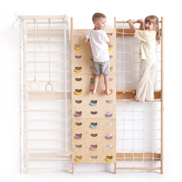 7-in-1 Kiipeilyseinä lapsille: puolapuut, kiipeilyverkko & 3in1 keinusetti