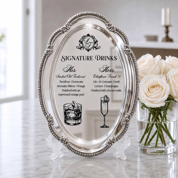 Personalized Laser Engraved Silver Wedding Tray, Custom Wedding Bar Menu, Signature Cocktail Sign, Wedding Keepsake, Bridal Shower Gift