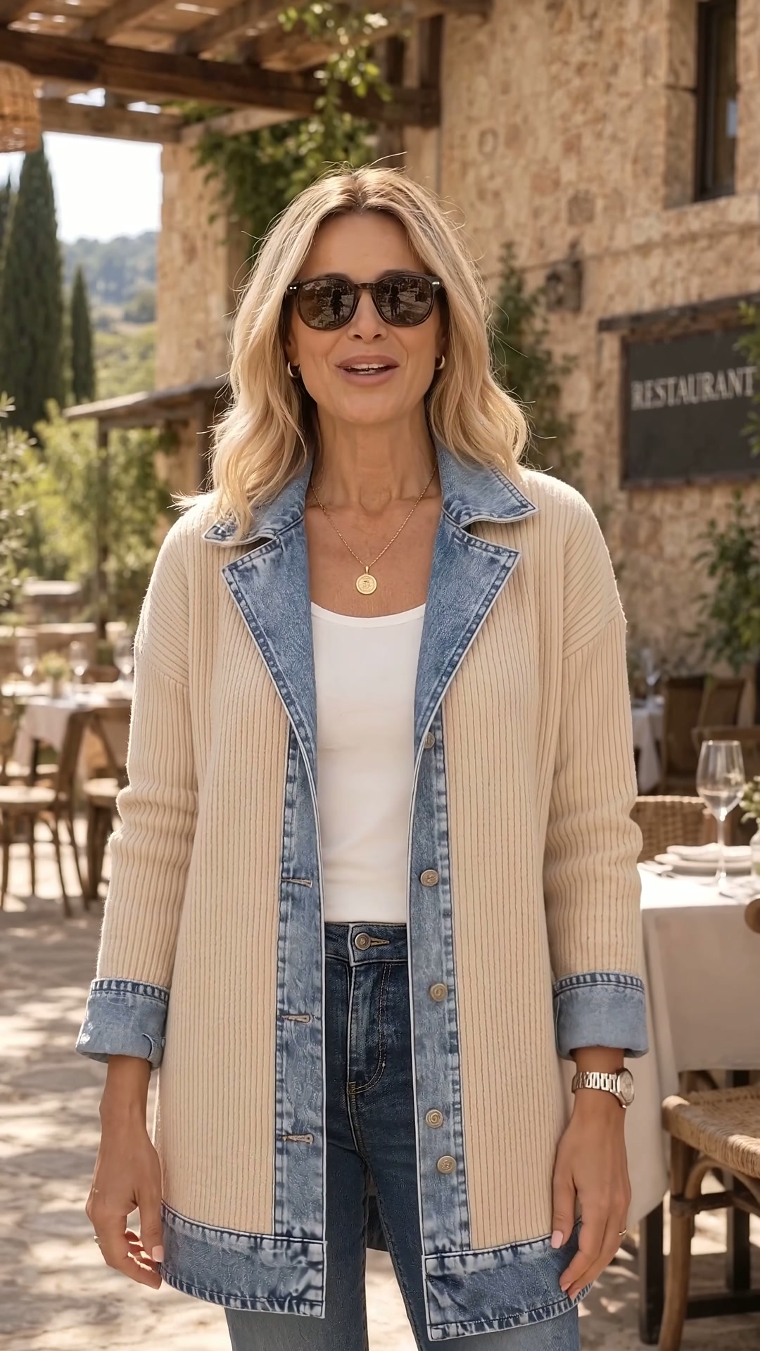 Abrigo Largo de Punto con Ribetes Denim