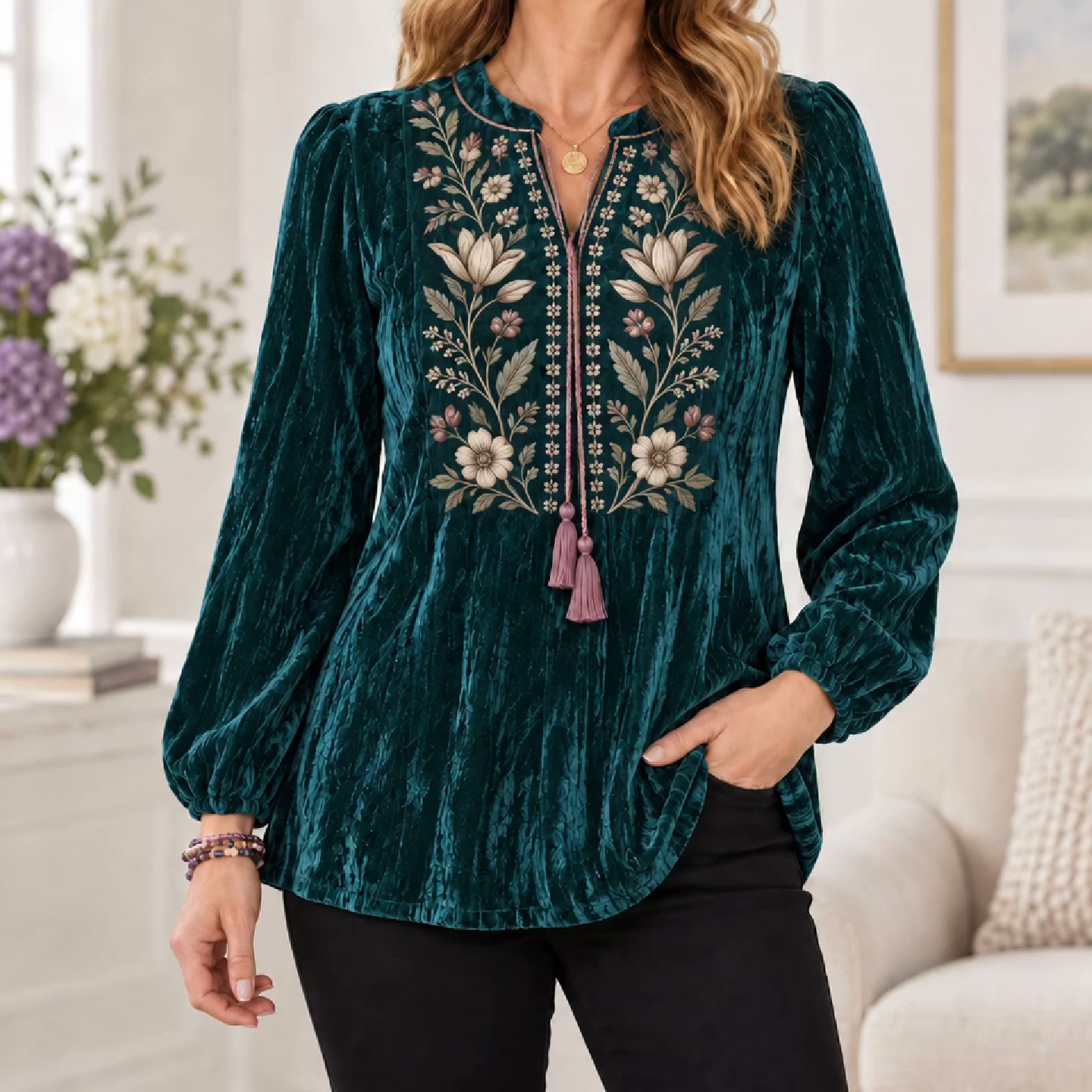Teal Velvet Floral Embroidered Top