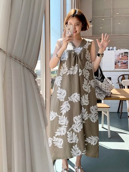 Korean Side Pocket Maple Print Dress Khaki-L