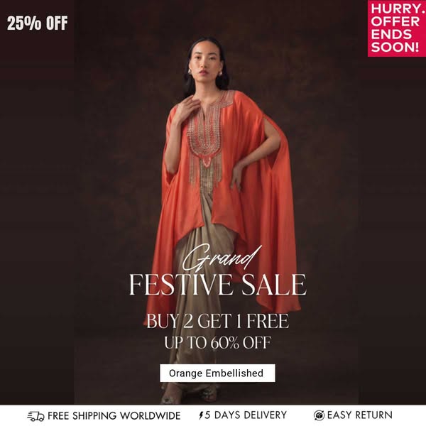 Orange Embellished Satin Silk Drape Skirt Set