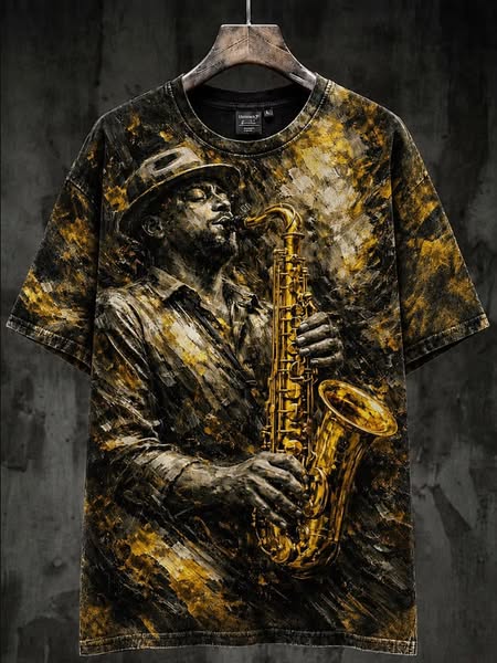Men's Oil Painting Style Vintage Jazz Saxophonist Print Casual T-Shirt