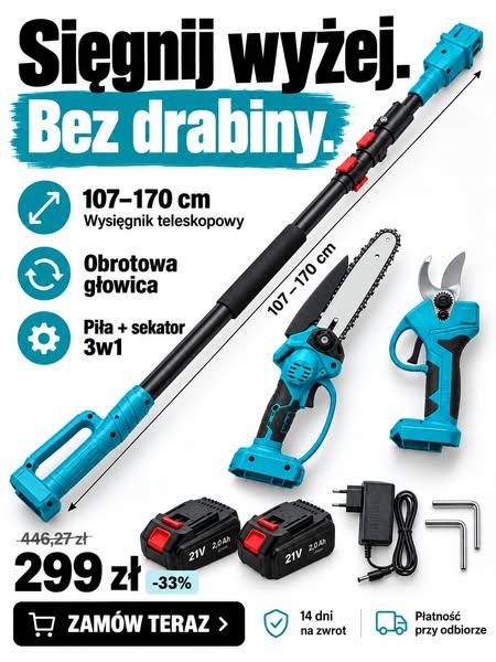 Piła + sekator + wysięgnik 3w1