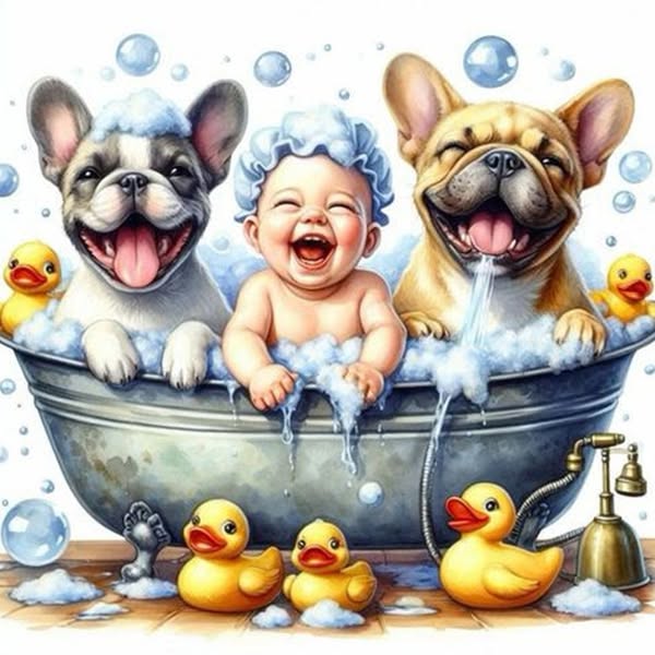 Baby Puppy Bathing Full Round Diamond Painting 40*40CM