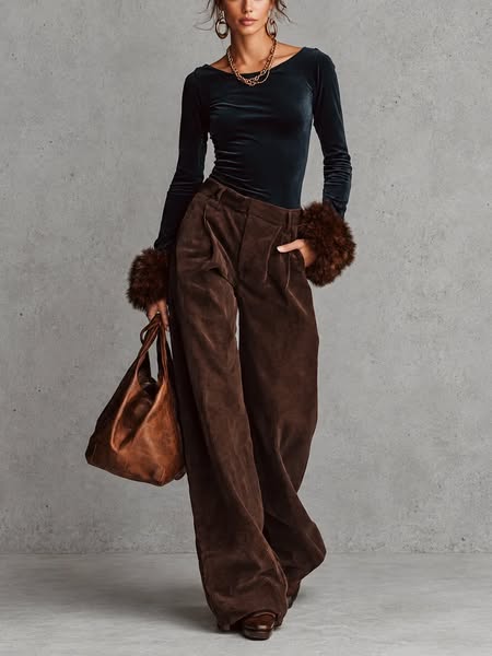 Dark Teal Velvet Faux Fur Cuff Top And Brown Corduroy Wide Leg Pant Set