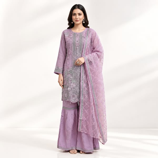 Mauve Pink Embroidered Organza Gharara Set
