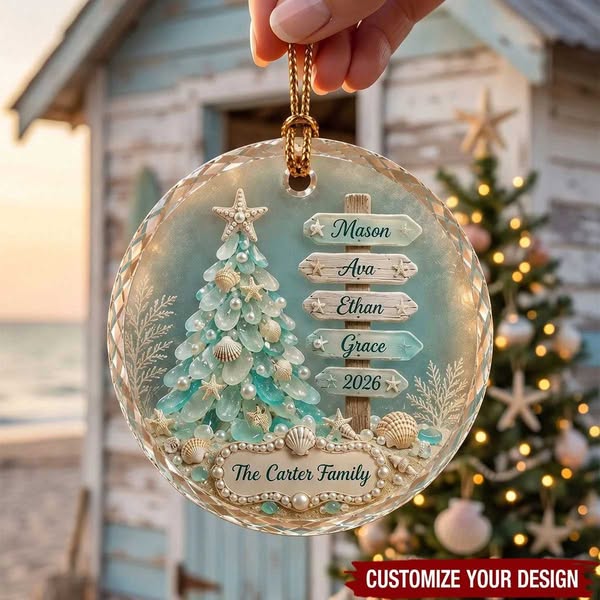 Sea Glass Christmas Tree Ornament, Personalized Name Signpost Bauble