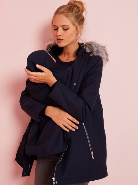 DIAS SEM IVA + ENVIO GRÁTIS | Parka evolutiva 3 em 1, para gravidez e pós-gravidez azul escuro liso