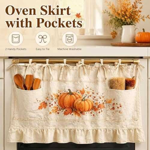 Personalized Fall Oven Skirt, Custom Family Name Oven Curtain with Pockets, Pumpkin Farmhouse Kitchen Decor, Ruffled Stove Skirt, Autumn Hom