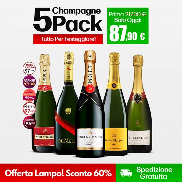 5x750ml: Veuve Clicquot Brut, Moët Impérial, Bollinger Special Cuvée, Mumm Cordon Rouge e Ruinart Brut
