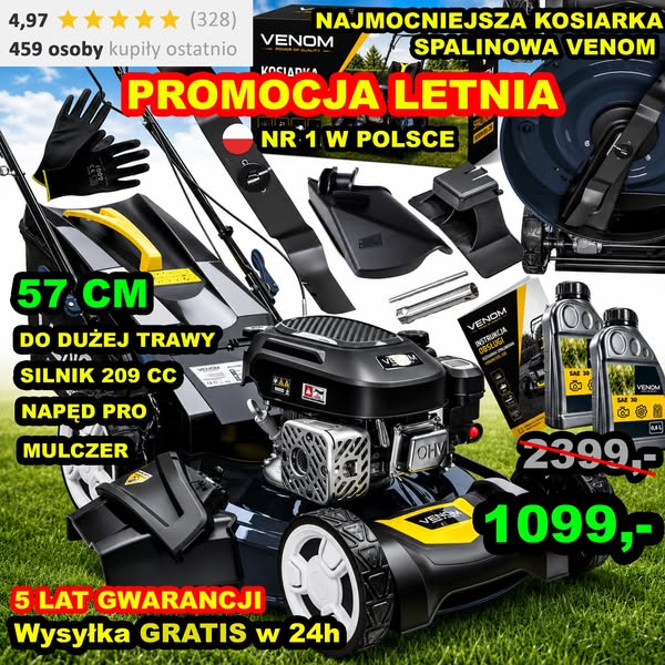 PROMOCJA LETNIA Profesjonalna kosiarka VENOM 9w1 silnik 209cc 57 CM napęd PRO mulczer kosz 70 L i wysyłka GRATIS 24h