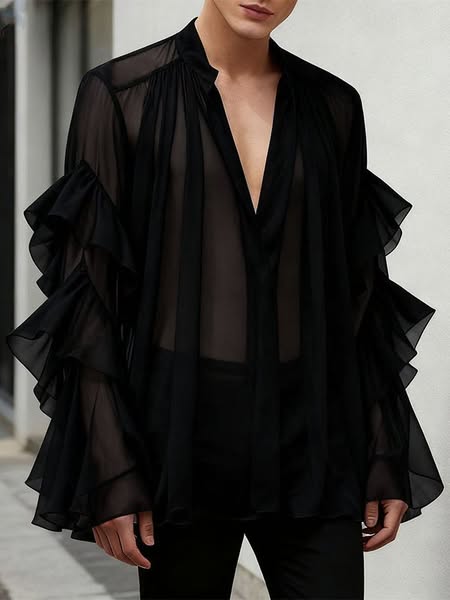 Men's Ruffle Patchwork Sheer Long Sleeve Shirt SKUL43729
