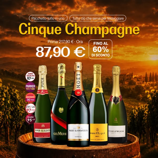 5x750ml: Veuve Clicquot Brut, Moët Impérial, Bollinger Special Cuvée, Mumm Cordon Rouge e Ruinart Brut
