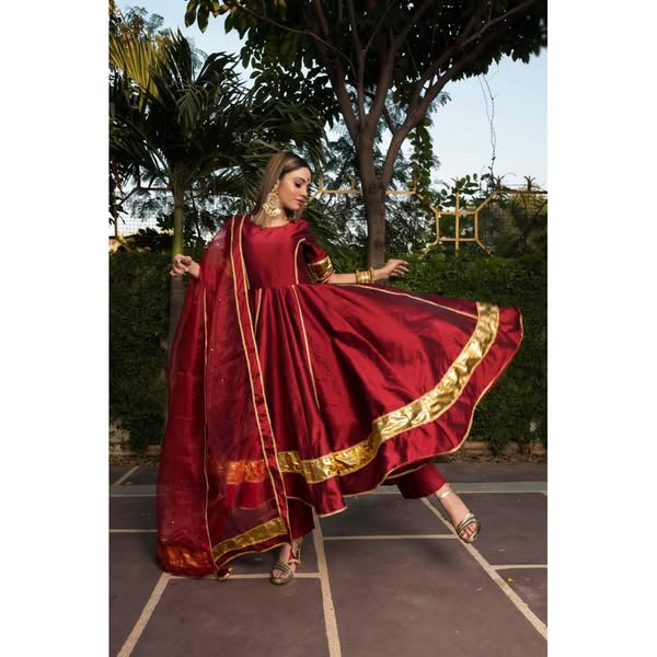 TAFFETA SILK MAROON ANARKALI WITH ORGANZA DUPATTA SET