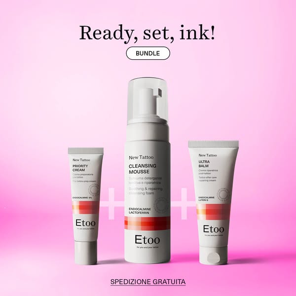 BUNDLE READY, SET, INK! - Etoo
Priority Cream - Crema di preparazione al tatuaggio + Ultra Balm - Crema riparatrice ad azione rapida + Clean