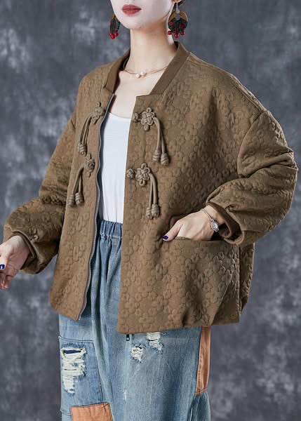 Unique Khaki Tasseled Jacquard Cotton Jacket Fall Khaki-L(Fit for EU 42-44, US 10-12, UK/AU 14-16, IT 46-48 )