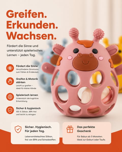 Beißgiraffe mit Rasselball – Baby-Beißring aus Silikon