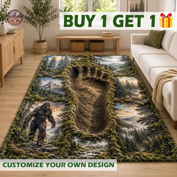 3D Bigfoot Print Area Rug, Optical Illusion Kitchen Mat, Sasquatch Forest Runner Rug, Bigfoot Legend Home Decor, Cryptid Lover Doormat